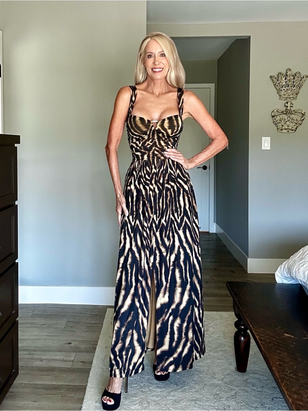TA3 Spaghetti-Strap Maxi Dress in Brown